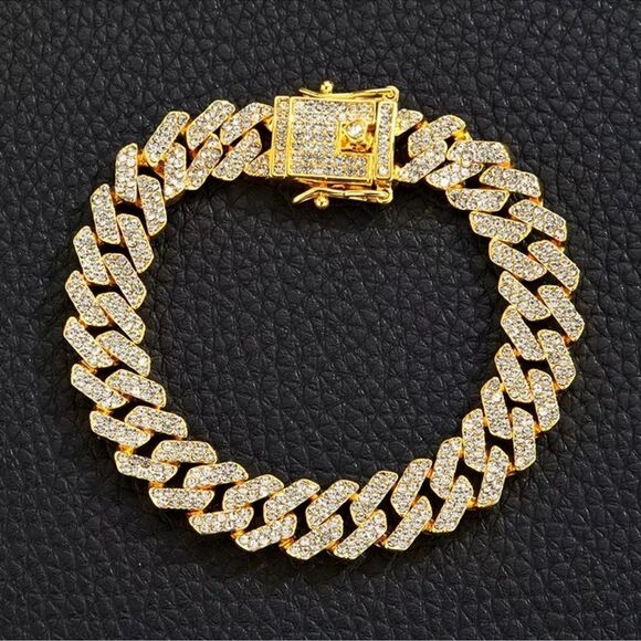 18K Gold Plated and Crystal Cuban Link Bracelet - Picture 7 of 11